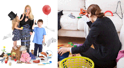 Split picture, mom with kids wild playtime and stressed mom cleaning up